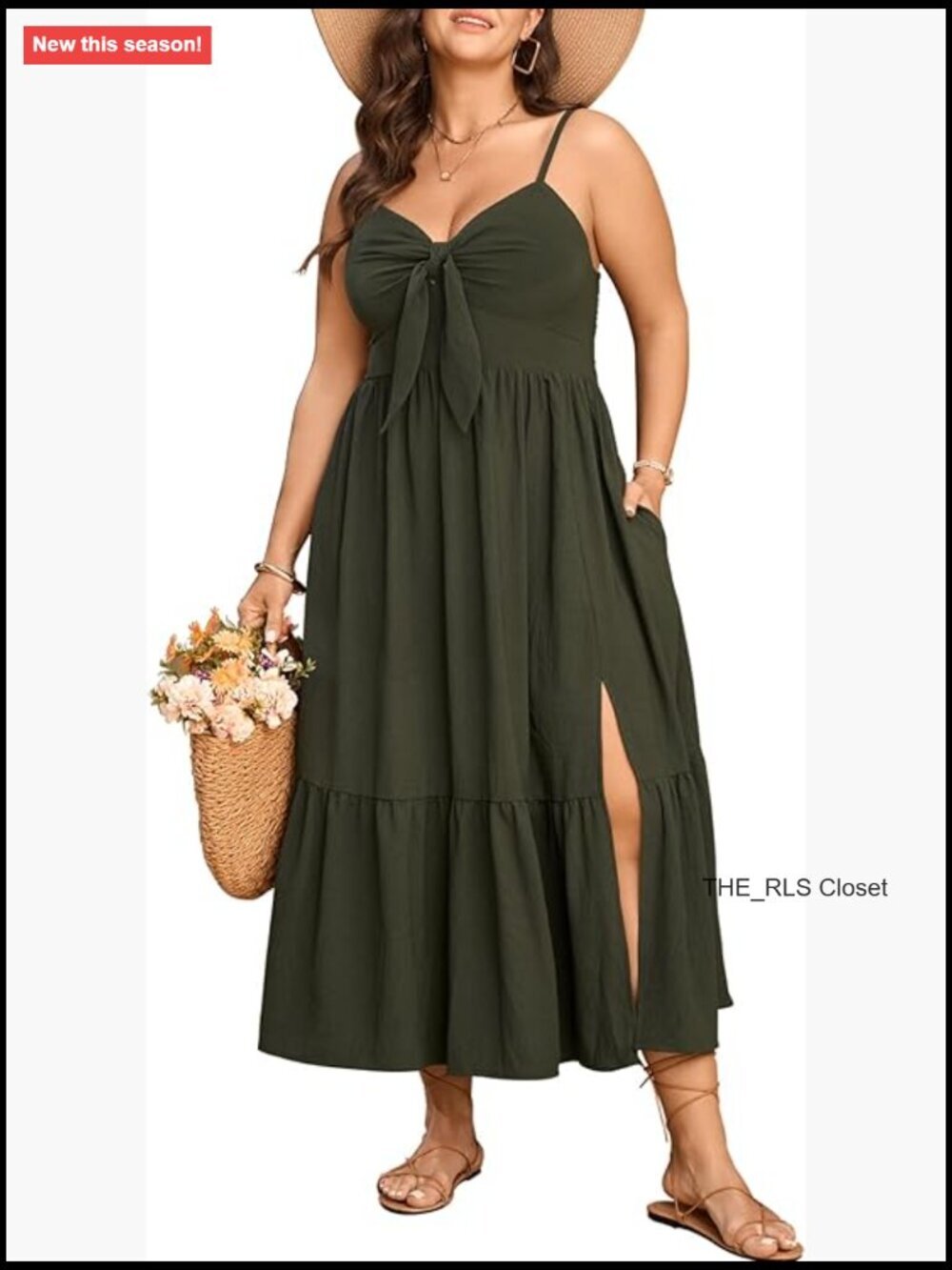 Plus Size Maxi Sun Dress Spaghetti Strap Tie Front Smocked Ruffle Split Casual